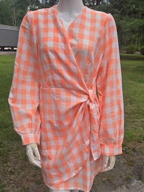 Orange and White Gingham Wrap Dress